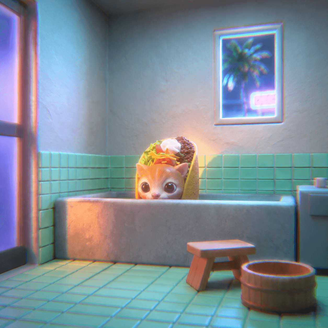Taco Cat peeking from a tiled bath