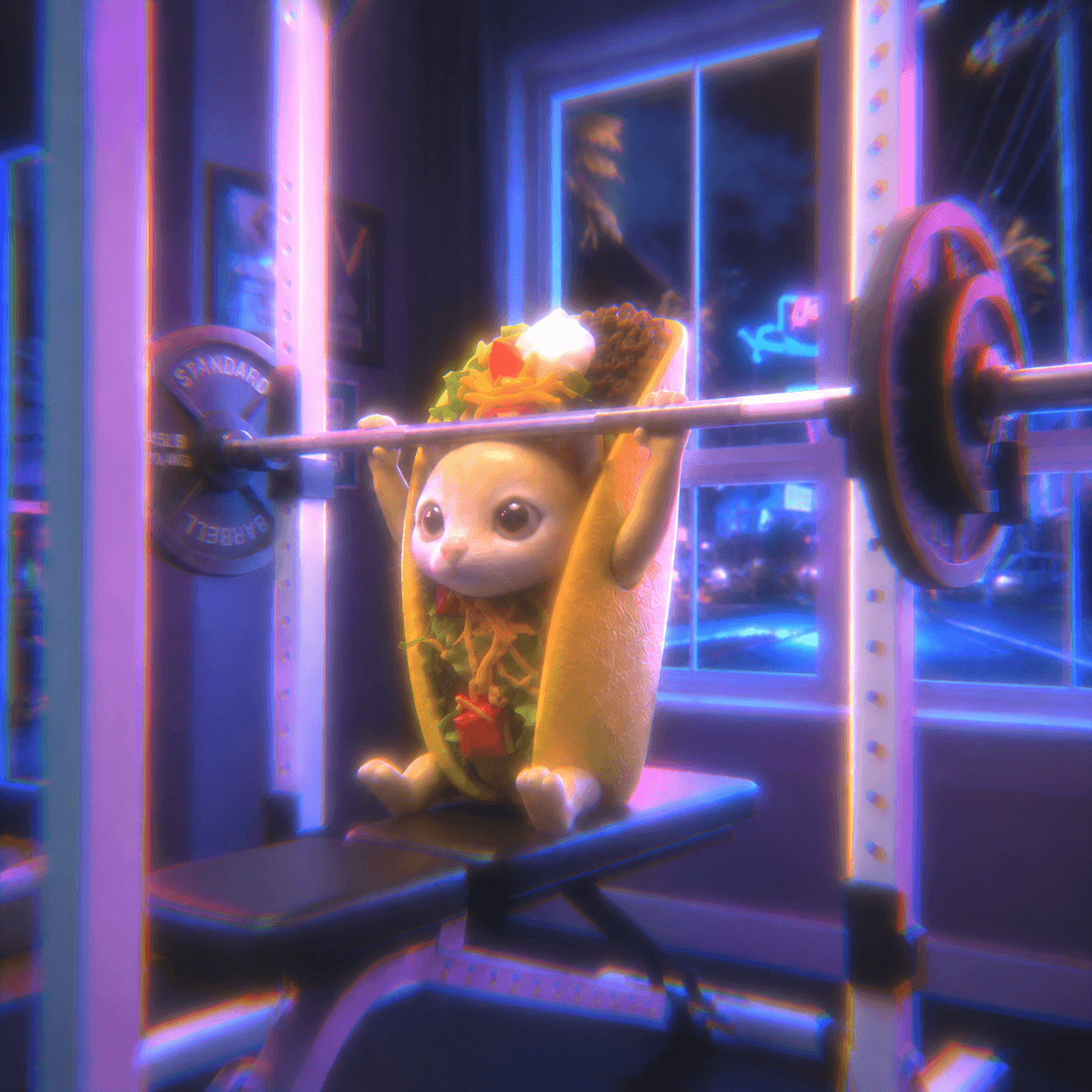 Taco Cat lifting a barbell in a neon gym